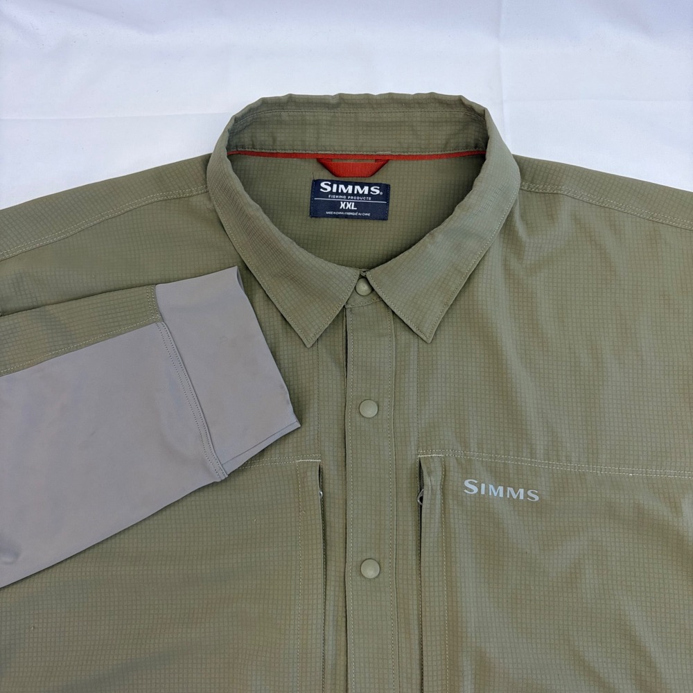 Simms Fishing Shirt XXL Ripstop Long Sleeve Green Mens Snap Utility Outdoor Top - Picture 2 of 13